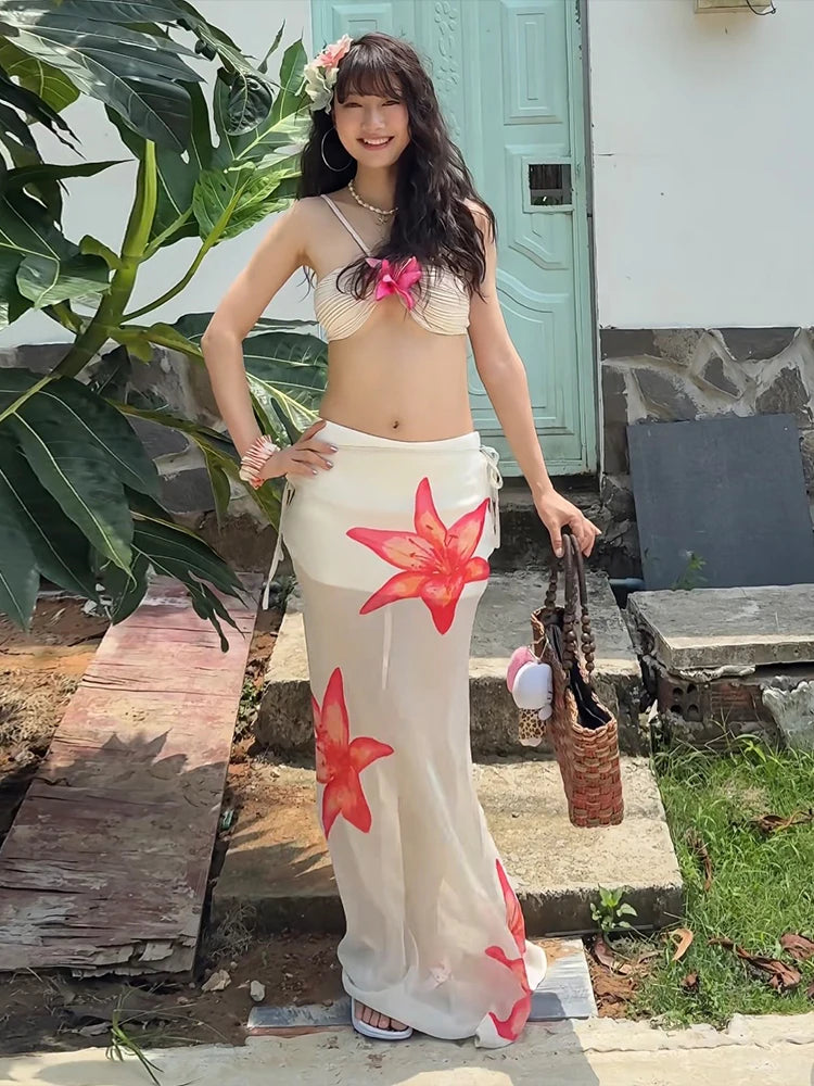 Hnewly   Beach Party 2-Piece Set Women Y2K Halter 3d Flowers Bra+Flower Print Mesh Lace-Up Skirts Matching Summer Trend Suit