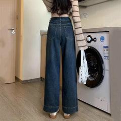 Hnewly  Vintage High Waist Straight Jeans Women Autumn Pockets Wide Leg Pants Woman Korean Streetwear Slimming Denim Trousers Mujer