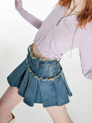 Hnewly Streetwear Pleated Skirt Denim Women Sexy Y2k Mini Skirt Summer Chic High Waist Korean Fashion Slim Aesthetic Harajuku