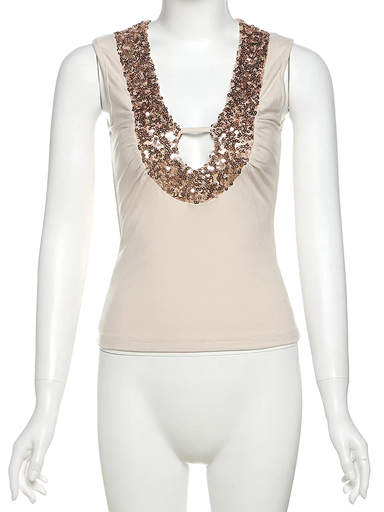 Hnewly Glitter Tank Tops Women Y2K Sequins Ruched Deep v-Neck Skinny Elastic Chic Basic Classic Summer Trend Street Vest