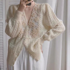 Hnewly  Women Luxury Pearls Beaded Mohair Sweater V-neck Hollow Out Thin Loose Knitted Cardigan Korean Elegant Long Sleeved Spring Top