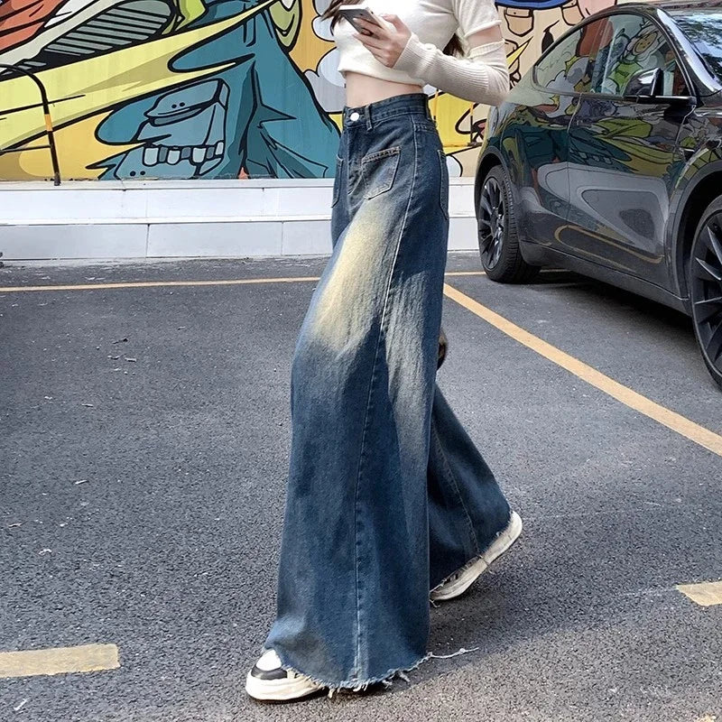 Hnewly outfit ideas Woman High Waist Vintage Designer Wide Leg Jeans Female Gothic Loose Straight Leg Pants Girls Blue Light Blue Denim Trousers