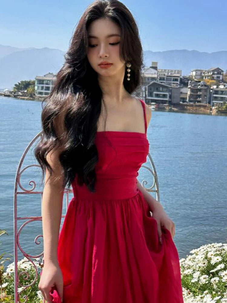 Hnewly DRESS TO IMPRESS Rosy Dress Women Floor Length Sleeveless Elegant Party Simple Casual Summer Holiday Female All-match Vintage Korean Style New