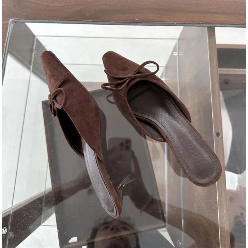 Hnewly Women Baotou High Heel Half Slippers French Bow Sexy Commuter Pointed Shallow Mouler Shoes Stripper Mules Shoes High Heel Shoes