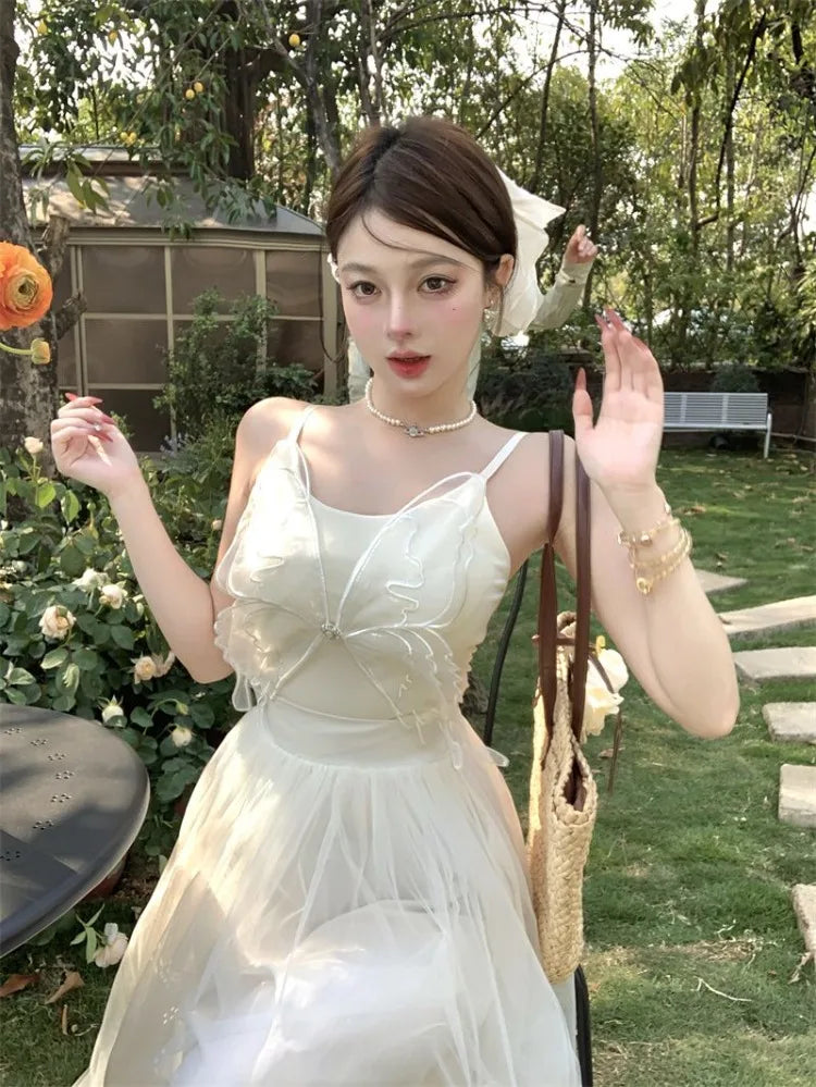 Hnewly  Woman Dress Sleeveless Butterfly Mesh Patchwork Slim Backless Holiday Princess Sweet Elegant Dresses Female Chic