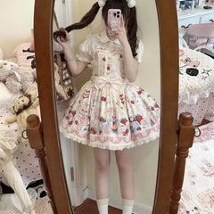 Hnewly  Japanese Kawaii Lolita JSK Dress Women Cute Cartoon Bear Print Bow Strap Mini Dress Girls Sweet Tea Party Princess Dresses