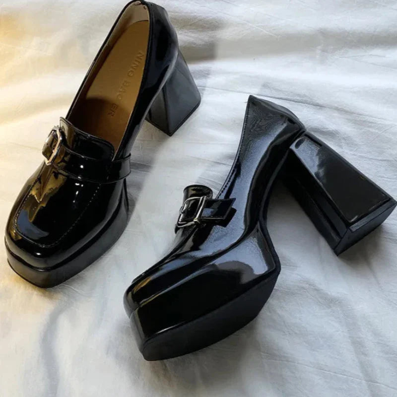 Hnewly Heels Lolita Shoes Chunky Platform Shoes Loafers Heel Patent Leather Slip On Casual Shoes Women Lady Office Shoes Black Heels