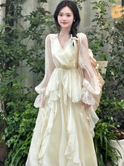 Hnewly French Fairycon Ruffles Dresses For Women's 2025 New Summer Fashion V-Neck White Long Puff Sleeve Dress Holiday Beach Vestiods