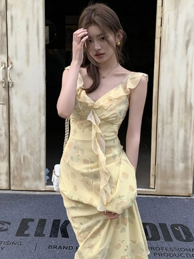 Hnewly French Women's Elegant Floral Printed Dress V-Neck Slim Fit Flying Sleeve Long Dresses Vacation Holiday Sexy Travel New Vestidos