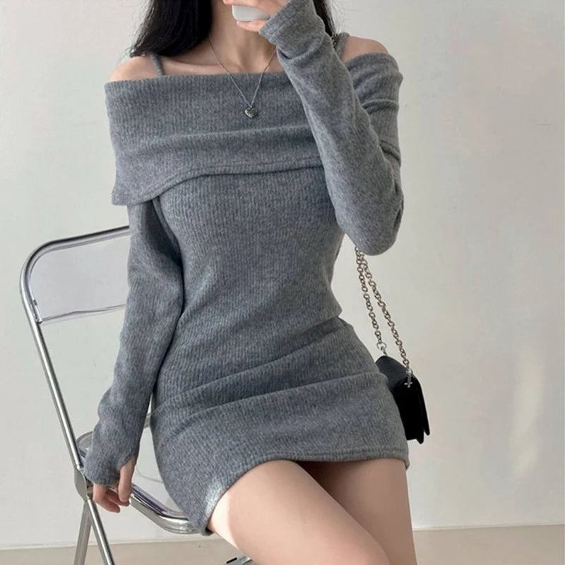 Hnewly Y2K Women Knitted Mini Dress Korean Sexy Off Shoulder Female Dress Spring New Spaghetti Strap Long Sleeve Ladies Vestidos
