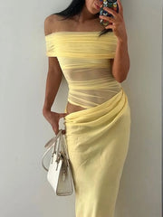 Hnewly  Ruched Irregular Dress Women Mesh Patchwork Slash Neck Short Sleeve Skinny Stretch Trend Elegant Long Bodycon Outfits