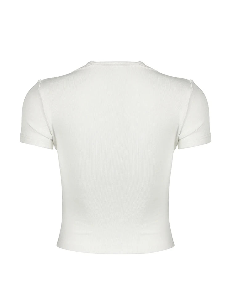 Hnewly Neck Lace Trim Bow Cute Black Y2K T-Shirt Women Button Up Slim Short Sleeve White Tees Sweet Balletcore Clothing