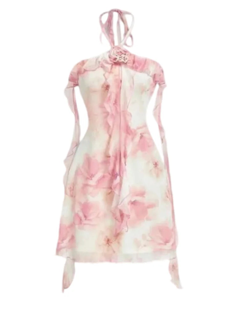 Hnewly  Fashion Ruffle Hem Pink Floral Halter Women Dress Sexy Tie Detail Backless Bodycon Mini Dresses Lady New Daily Party Gown
