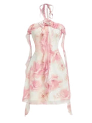 Hnewly  Fashion Ruffle Hem Pink Floral Halter Women Dress Sexy Tie Detail Backless Bodycon Mini Dresses Lady New Daily Party Gown