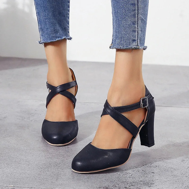 Hnewly  Women High Heels Shoes  Autumn New Round Toe Chunky Heel Casual Platform Women's Shoes Female Belt Buckle