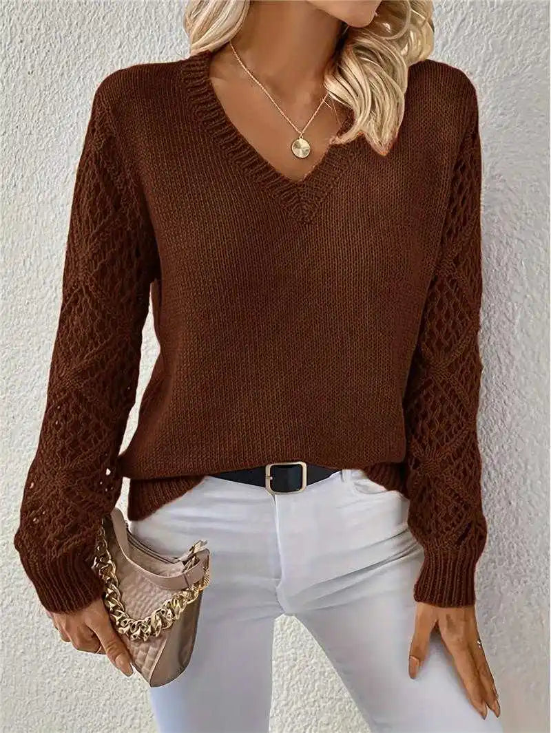Hnewly  Long Sleeve Pointelle Knit Top Pullovers Women Sweater Openwork Long Sleeve V-neck Jumper Fall Winter Blusas Para Mujer Outfit