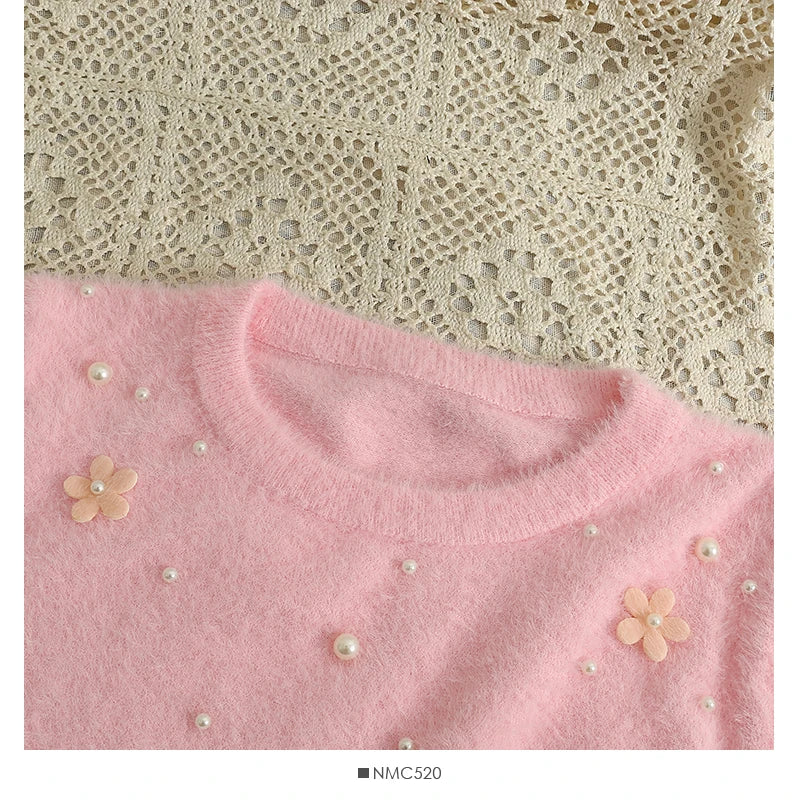 Hnewly  Women's Short Sweater Autumn Winter Fashion Beaded Slim Long Sleeve Pullover Korean Versatile O-neck Loose Knitted Tops