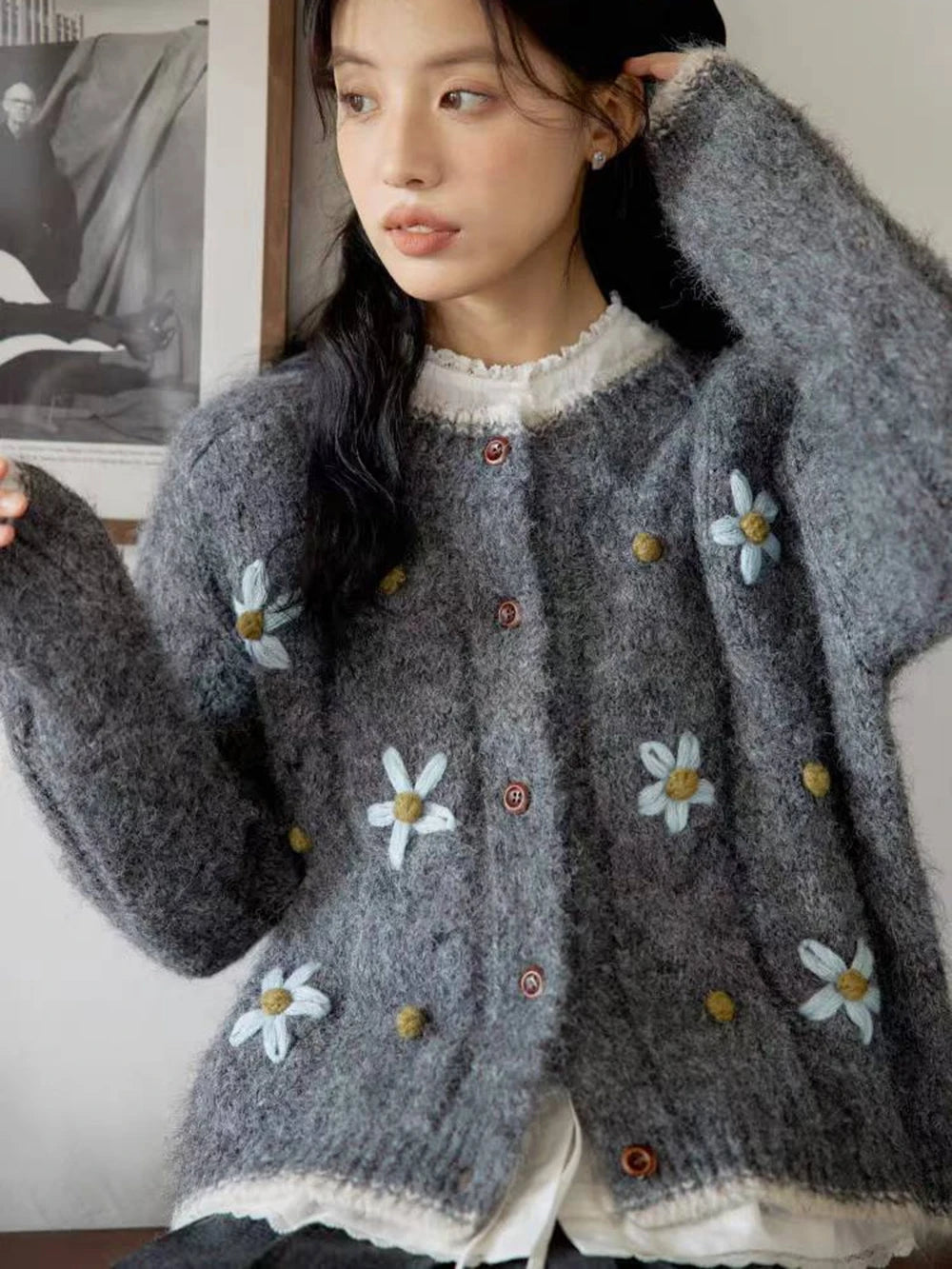 Hnewly  Flower Embroidery Knitted Sweater Cardigan 2025 Spring Autumn Soft Single-breasted Top Women Korean Style Loose Long Sleeve Coat
