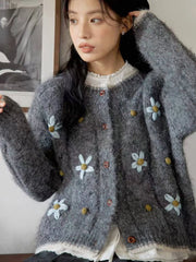 Hnewly  Flower Embroidery Knitted Sweater Cardigan 2025 Spring Autumn Soft Single-breasted Top Women Korean Style Loose Long Sleeve Coat