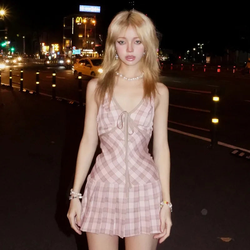 Hnewly Fashion Plaid Halter Dress Y2K Women High-waist Lace-up V-Neck Sleeveless Mini Dresses Sexy Summer Party Club Vestidos