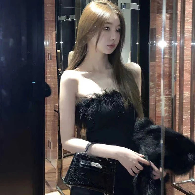 Hnewly Mini Strapless Dresses Sexy Celebrity One Neck Fur Chest Little Black Dresses New Temperament Slim Package Hip Dresses