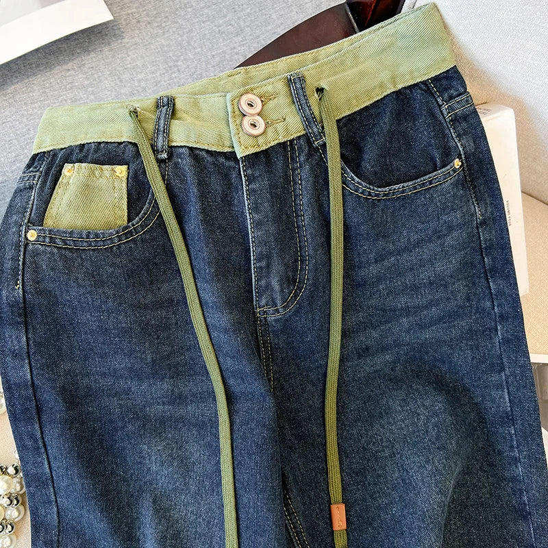 Hnewly  Large Size High Waist Jeans  Women  New Autumn Loose Drawstring Wide Leg Pant Fashion Splice Versatile Straight Leg Denim Pants