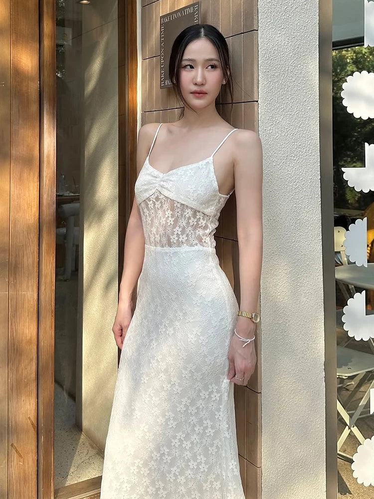 Hnewly  Jacquard Elegant Dress Women Y2K Thin Sleeveless Backless Low-Neck Elegant Chic Slim Vacation Birthday Party Vestidos