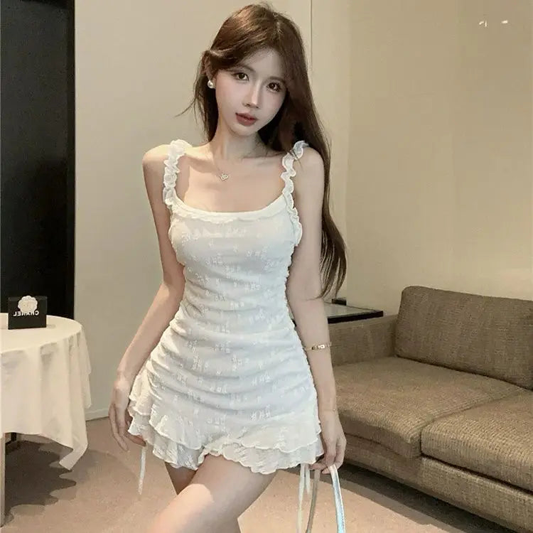 Hnewly  French Sexy Square Neck Slip Dress Women Elegant Slim White Ruffle Hip Dresses Y2k Korea Chic Design Party Dress Tops 2025 New