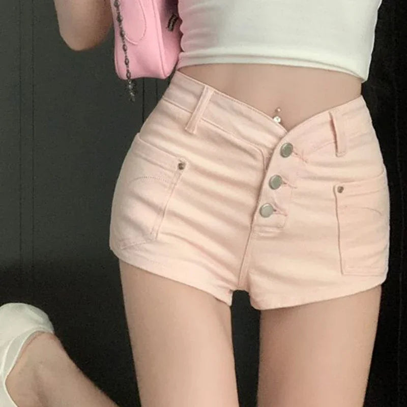 Hnewly  American Style Slimming Mini Shorts Women Harajuku Style Button Tight Shorts Female Y2K All Match Straight Short Trousers Mujer