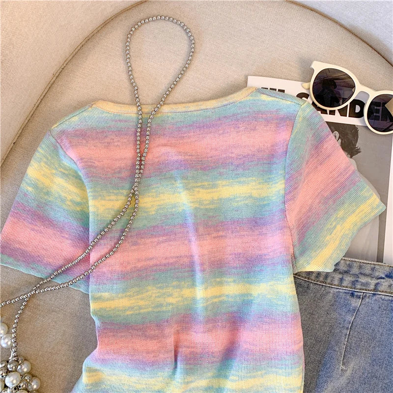 Hnewly  Contrast Striped T-shirt For Women's Summer Knitted Short Sleeved Tee  Cool Girls Fashion High Street Square Collar Short Top