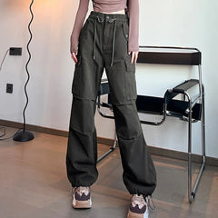 Hnewly  High Street Multi Pockets Cargo Pants Women Autumn Sporty Drawstring High Waist Pants Woman Button Wide Leg Trousers Mujer