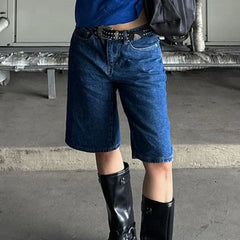 Hnewly  Vintage Knee Length Denim Shorts Summer Fashion Streetwear High Waist Loose Fit Jean Shorts Harajuku Y2K Cyber Grunge Pants