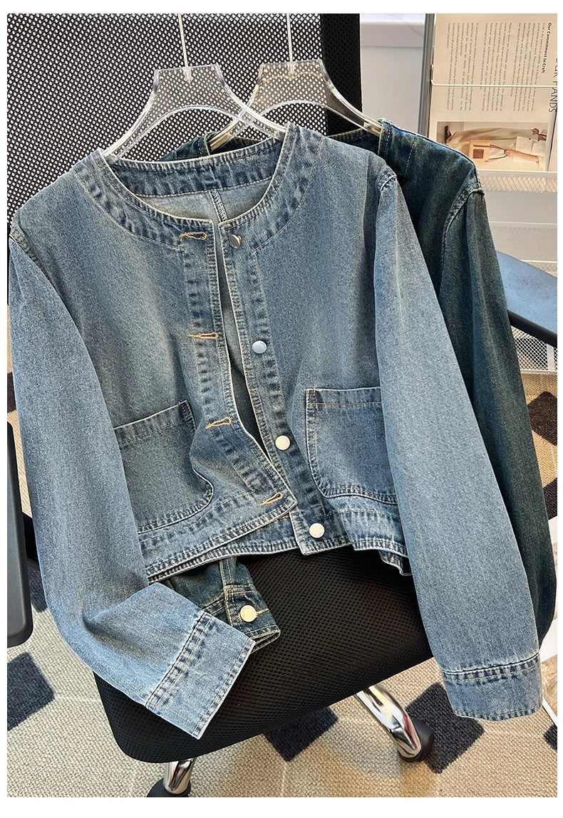 Hnewly  Light Blue Retro Denim Jacket Women's Spring Single Breasted Loose Cardigan Short Top Autumn O-Neck Long Sleeve All-Matched Top