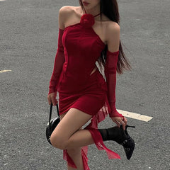 Hnewly  Red Dance Party Holiday Street Matching Outfits For Hottie Girls 3D Flower Halter Cropped Tank Tops+Side Trim Ribbon Skirts