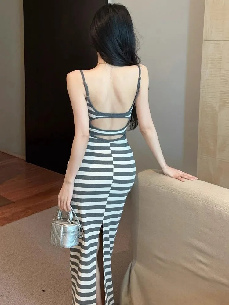 Hnewly  Striped Dresses Women Sleeveless Sexy Backless Slim Elegant Split Slash Neck Summer Fashion Party Dress Female Casual