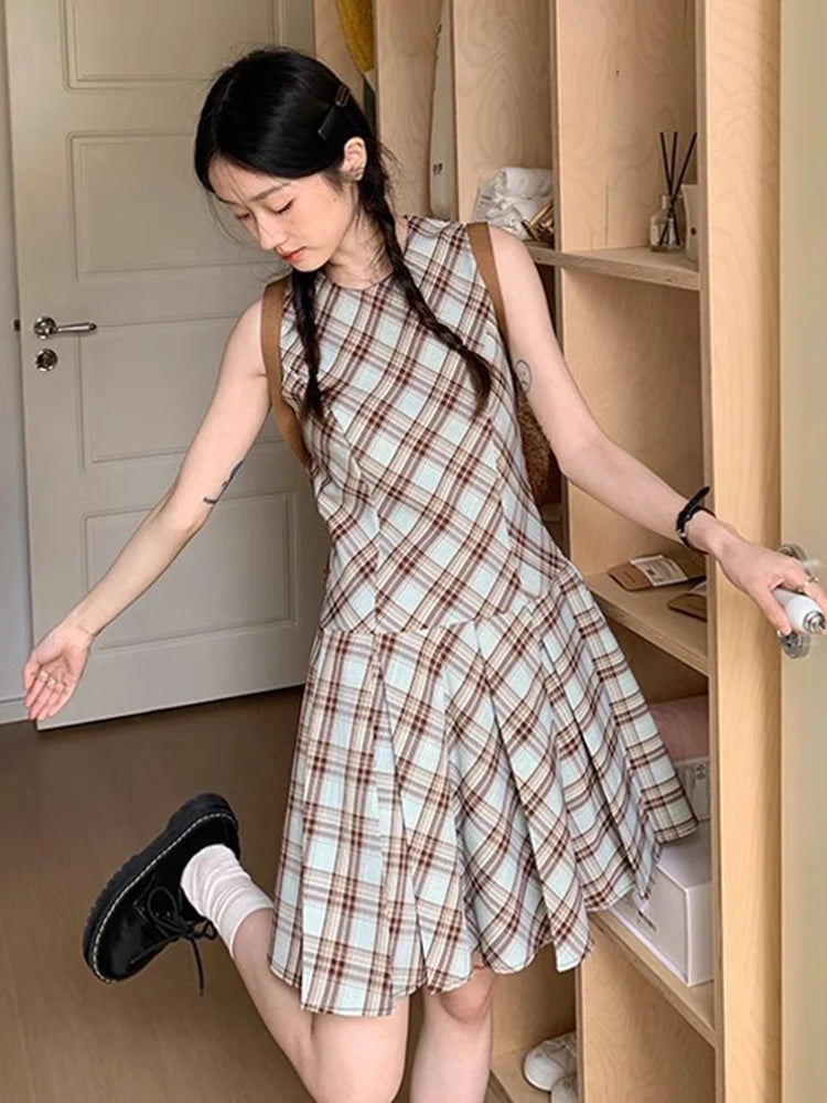 Hnewly Cute Casual Plaid Dress Women Sweet Japan Preppy Style Mini Dress Vintage Slim Female O Neck Sleeveless Kawaii Vestidos New