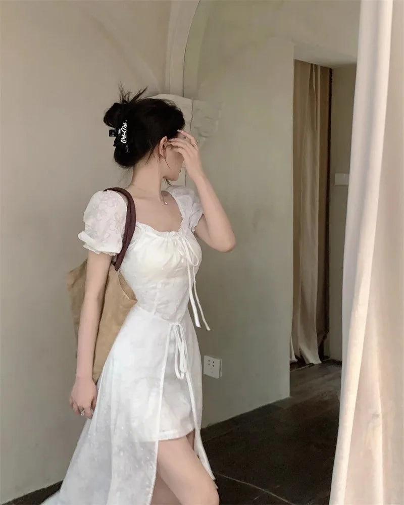 Hnewly Korean Fashion Womens White Long Dresses Puff Sleeves Summer Elegant Party Dresses 2024 Casual Slim Female Sexy Dresses