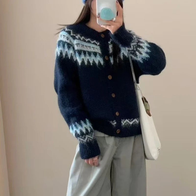 Hnewly  Fair Isle Sweater Cardigan Women Long Sleeve Button-Up Crewneck Knitted Jacket Cardi Female Knitwear Fall Winter Vintage Outfit