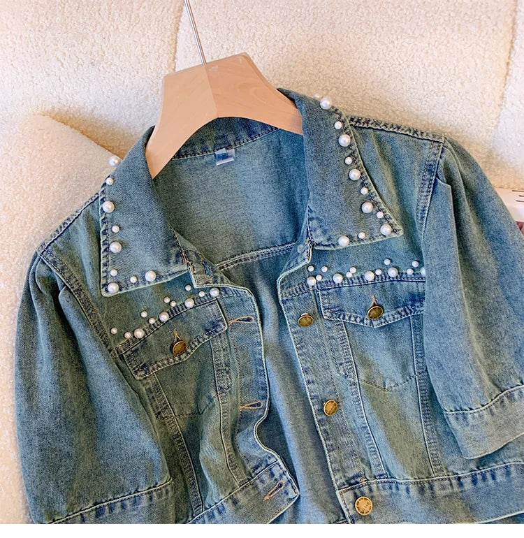 Hnewly  Sweet Nail Bead Short Sleeved Denim Jacket Women Summer Thin Style 2025 New Casual Single Breasted Shirt  Turndown Collar Top