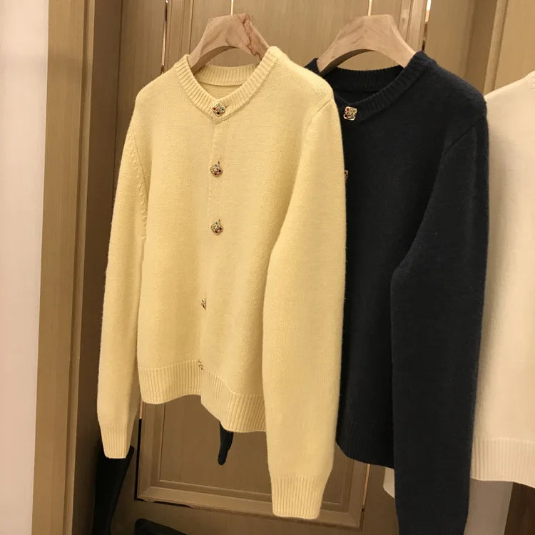 Hnewly  Solid O-Neck Sweater French Elegant Single Breasted Women's Spring Autumn Winter New Fashion All-match Long Sleeve Top Coat