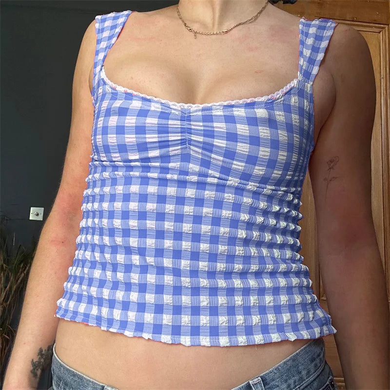 Hnewly y2k Tops for Women Summer Fairycore Clothing Plaid Print Lace Trim Sleeveless Tanks T Shirts 2000s Clothing Streetwear