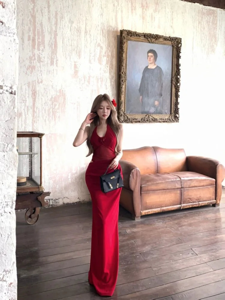 Hnewly  Women Dresses Flowers Sleeveless Backless Halter Hollow Out Slim Bandage Vintage Elegant Sexy Party Dress Female