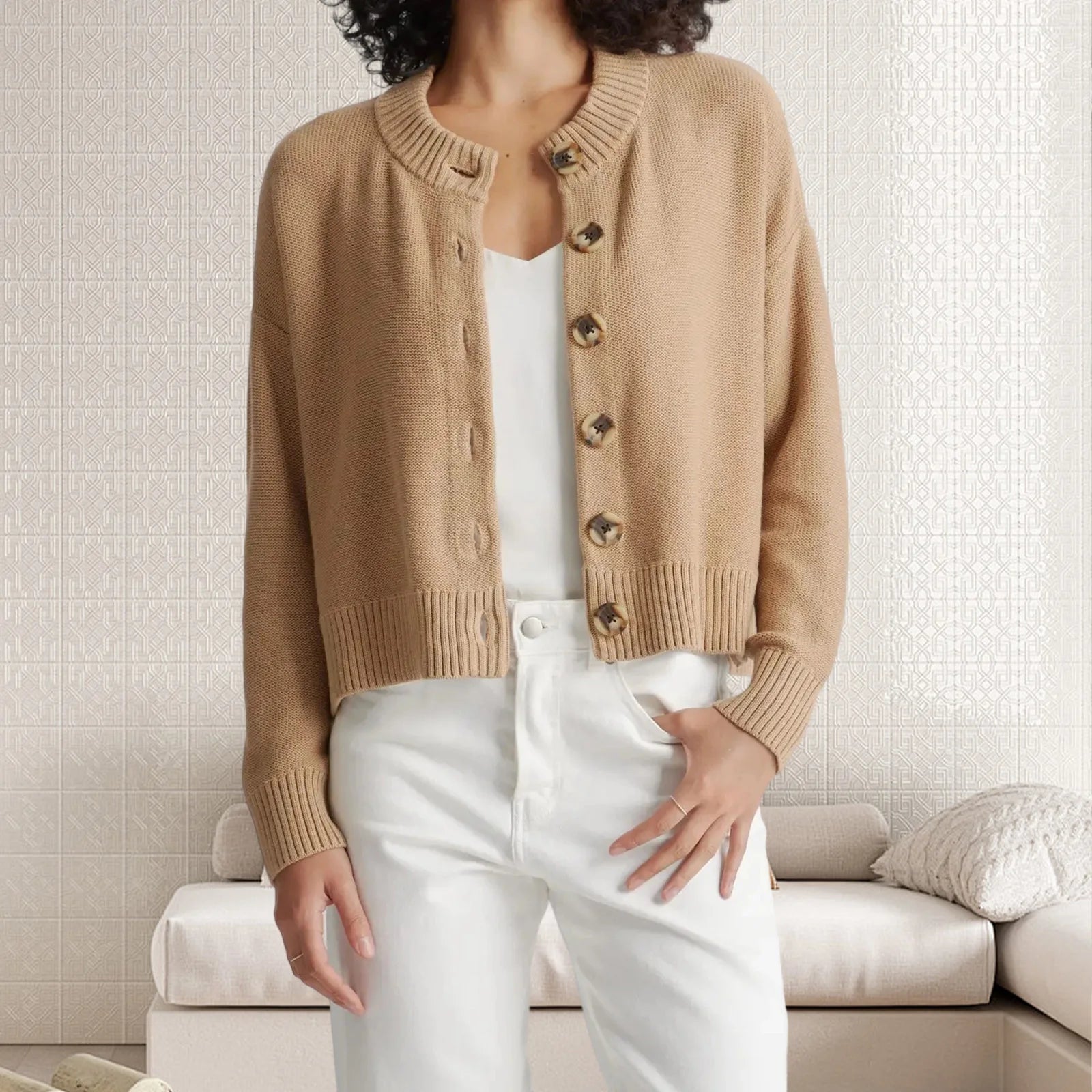 Hnewly Cardigan Tops y2k Women Clothes Solid Color Crew Neck Long Sleeve Button Down Knit Sweater 2000s Clothing Outwear