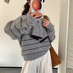 Hnewly  Women's Striped Sweater with Scarf Chunky Knit Loose-fit V-Neck Pullover Striped Jumper Ladies Autumn Winter Classic Chic Outfit