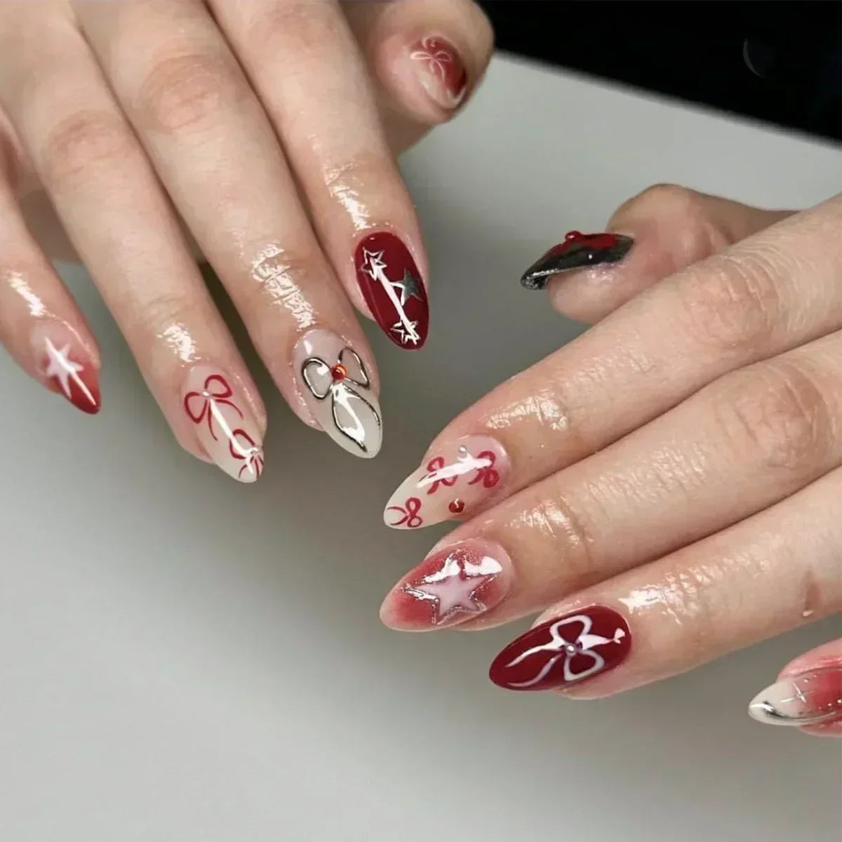 Hnewly 24Pcs Pink Almond French Press on Nails With 3D Bow ripple charms Design Fake Nails Ballerina False Nails Full Cover Nail Tips