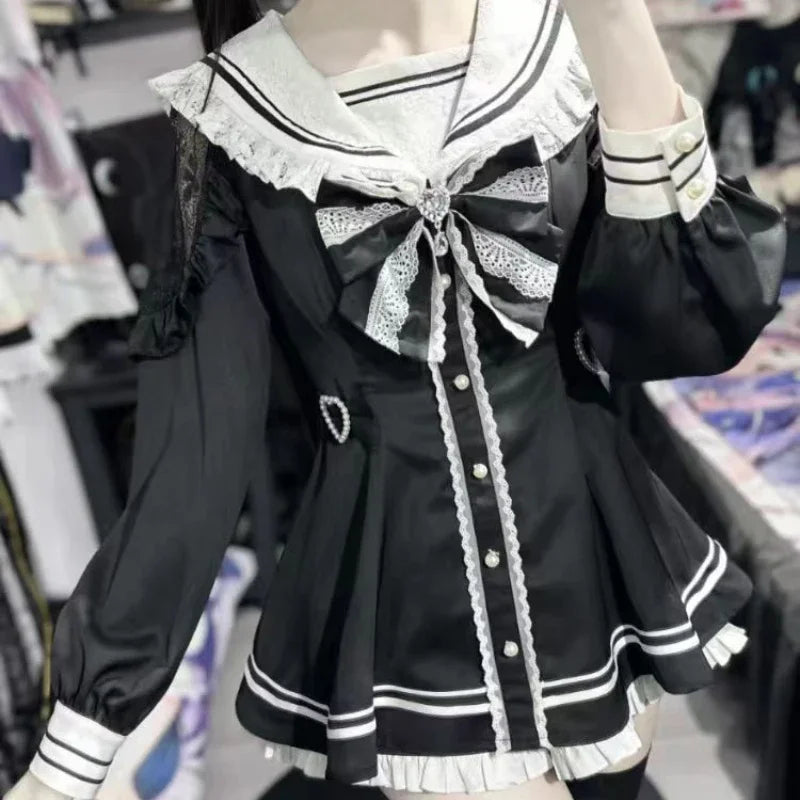 Hnewly DRESS TO IMPRESS Japanese Black Gothic Y2k Lolita Bow Dress Shorts Set Women Vintage Sweet Long Sleeve Shirt Party Dresses Slim Mini Dress 2000s
