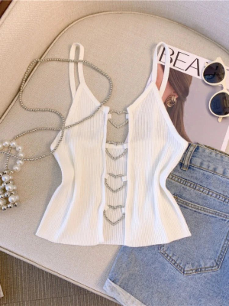 Hnewly summer inspo New Sexy Solid Ribbed Crop Sleeveless Top - Back Heart Decor Cami Top for Women Perfect for Spring & Summer