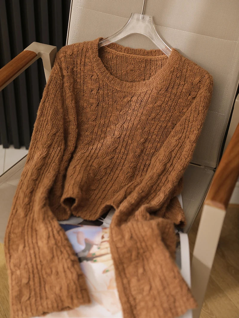 Hnewly  Cable Knit Crop Sweater for Women Long Sleeve Crew Neck Pullover Boxy-fit Plain Jumper Teen-girl Fall Winter Y2K Outfit