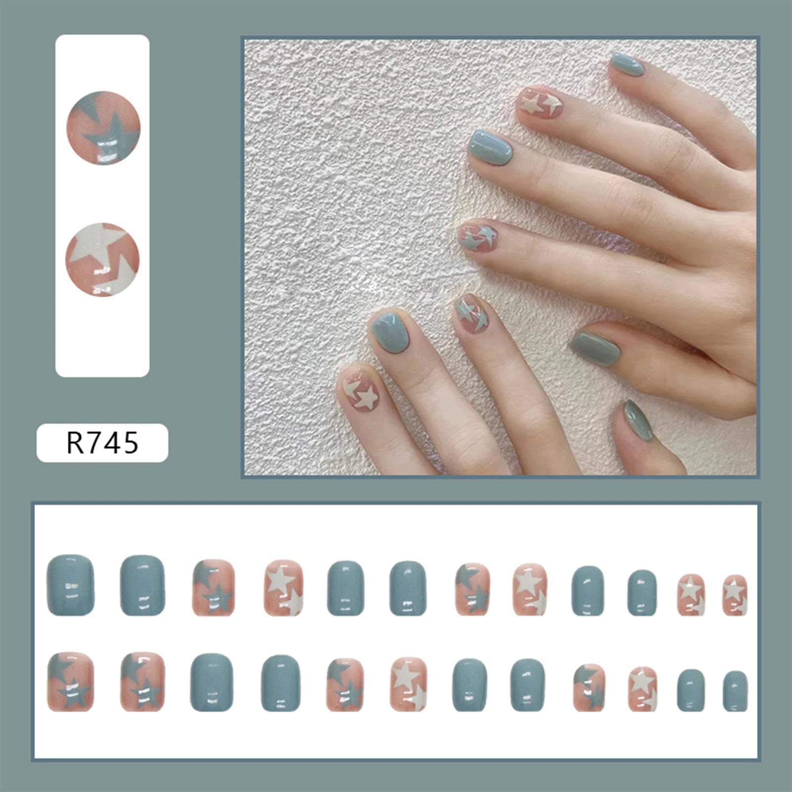 Hnewly 24pcs Gradient False Nails Cute Star Printed Design Fake Nail Short Square Faux Ongles Manicure Nail Stickers Press On Nail Tips