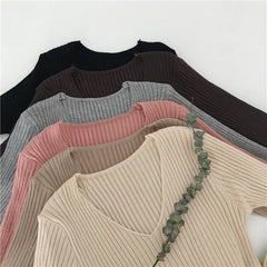 Hnewly  Rib-knit Long Sleeve Top for Women Soft Stretchy V-neck Fitted Knit Top Sweater Pullover Ladies Autumn Winter Layering Outfit